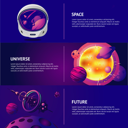 banner with space illustration. Horizontal template. Spaceman helmet, solar system and orbital station.のイラスト素材