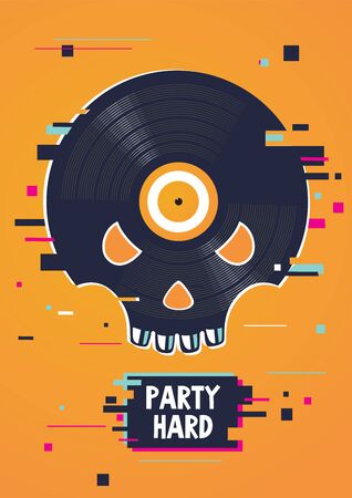 Music party poster with skull and vinyl record. Hip-hop festival banner.のイラスト素材