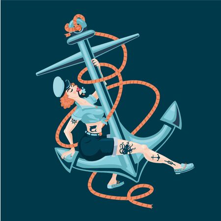 Pin-up sailor girl with boat anchor. Sexy woman retro style. Vintage cartoon illustration on isolated background.のイラスト素材