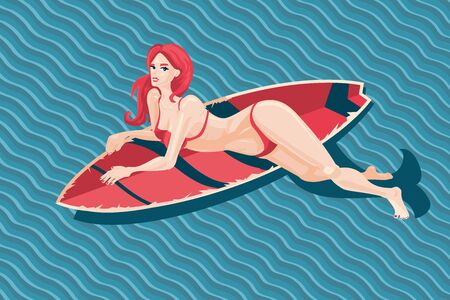Young girl with surfboard. Sexy woman in a swimsuit with surfing board. Vector cartoon illustration, pin up style.のイラスト素材