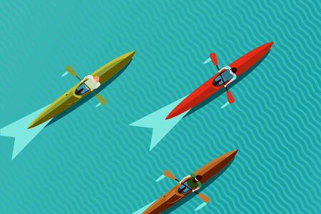 Rowing team. Top view of kayak boat. Canoe race vector illustration, flat style. Water sport...