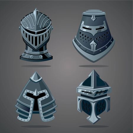 Antique knight helmet set. Cartoon vector illustration. Vector assets.のイラスト素材