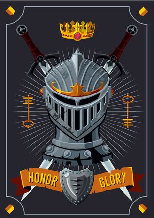 Antique poster with knight helmet. Fantasy rpg game background.Vector cartoon illustration.のイラスト素材