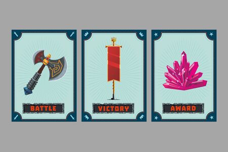 Axe, flag and stone. Card game collection. Fantasy ui kit with magic items. User interface design elements with decorative frame. Cartoon vector illustration.のイラスト素材