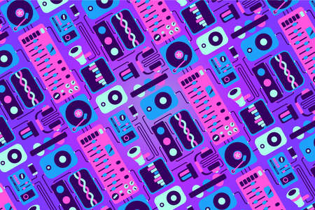 Music party background with audio equipment. Night club backdrop with vinyl and dj turntable.