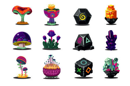 Fantasy game environment set. Cartoon style flowers, stones and mushrooms. Concept design art.のイラスト素材
