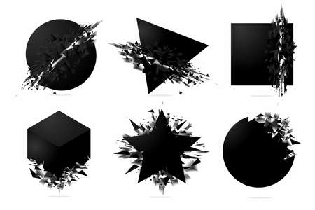 Abstract explosion shapes set with black particles. Bang futuristic design elements collection....