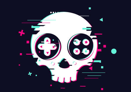 Game over glitchy sign with skull and gamepad. Video game symbol. Gamer poster.のイラスト素材