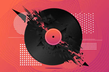 Electro party banner with vinyl record. Music festival flyer template with abstract element. Night club vector background.のイラスト素材