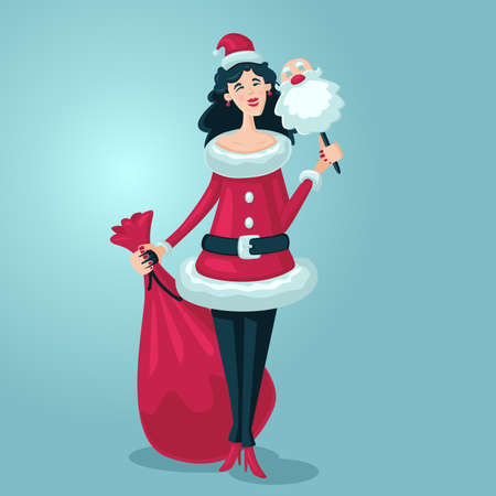 Woman with Santa Claus mask. Girl with a bag of gifts. Christmas party. Cartoon style illustrationのイラスト素材