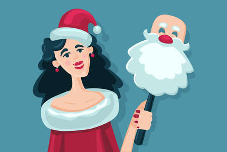 Woman with Santa Claus mask. Girl with a bag of gifts. Christmas party. Cartoon style illustrationのイラスト素材