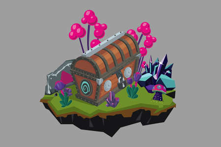 Fantasy Landscape with a Treasure Chest. Cartoon game award.のイラスト素材