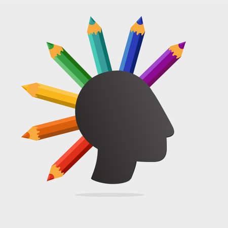 Punk head with color pencils. Art school vector sign. Creativity and self-education concept.のイラスト素材