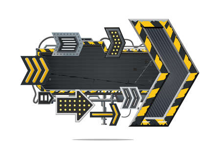 Metal arrow. Navigation sign. Cyberpunk style concept art. Realistic interface design. Gui element. Metal direction banner.のイラスト素材