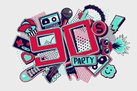 90s style party backgrounds. Vintage music posters. Funky disco design template. Horizontal vector illustration.のイラスト素材