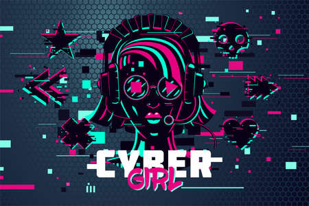 Cyber punk woman. Girl gamer portrait. Video games background, glitch style. Female online user. Vector illustration.のイラスト素材