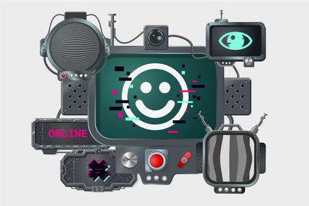 Video surveillance monitors. Set of computer screens. Control panel vector illustration. Digital media equipment.のイラスト素材