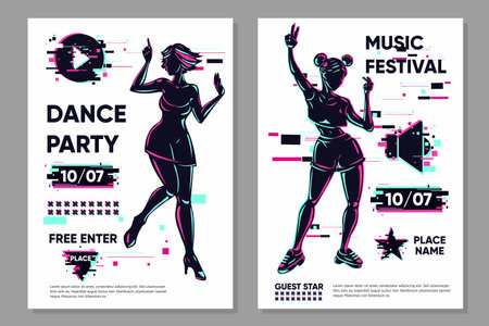 Posters set with dancing girls. Dance festival banner template. Party background with woman silhouette. Glitch style trendy illustration. Night club flyer.のイラスト素材
