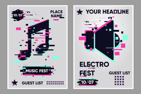 Music festival vector banner. Posters set with music note and audio. Party background, electronic style. Glitch trendy illustration. Dance event banner template.のイラスト素材