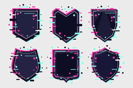 Shields icon set. Coat of arm collection. Glitch style vector emblem.のイラスト素材