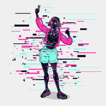 Beautiful girl vector illustration. Female figure with neon colors. Beauty woman posing. Glitch...