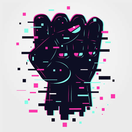 Hand sign. Human arm, power icon. Glitch style illustration. Neon color vector background. Fingers...