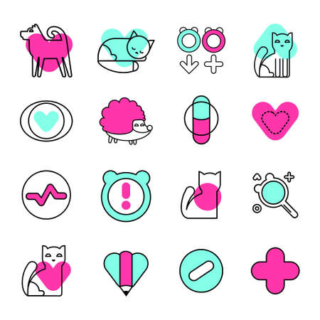 Veterinary vector icons set. Animal medical service signs collection. Flat style illustrations.のイラスト素材