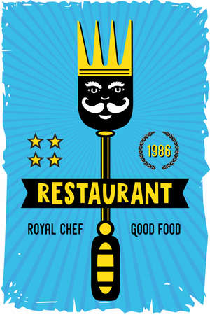 Restaurant and cafe poster with fork and crown. Vintage vector background for food service. Menu cover template.のイラスト素材