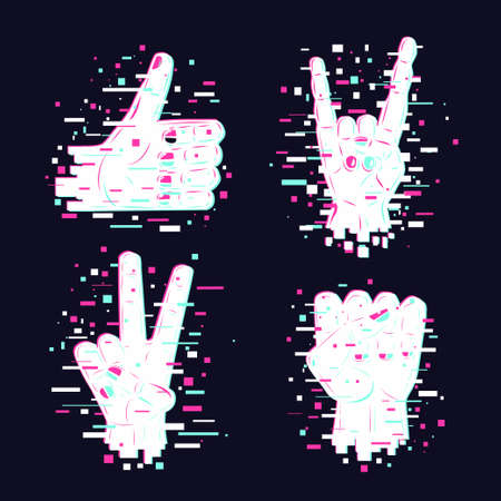 Like vector icons set with human hands. Social media icons collection. Glitch style vector signs.のイラスト素材