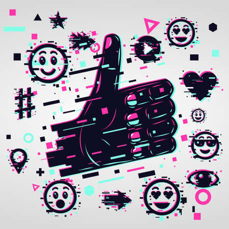 Glitch style illustration with human hand. Like vector icon. Social media background.のイラスト素材