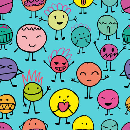 Cartoon doodles seamless pattern with emoji. Doodle style. Kids hand drawn characters. Line art.