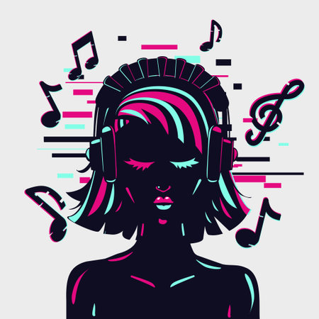 Young girl listening a music. Glitch style vector illustration. Virtual reality avatarのイラスト素材