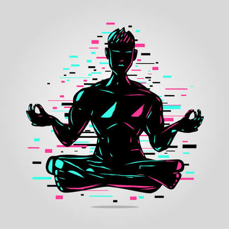 Yoga men silhouette. Virtual avatar illustration, Zen person. Glitch style illustration.のイラスト素材