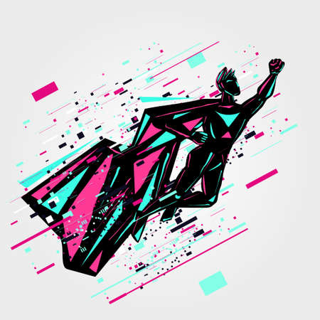 Super hero glitch man. Cartoon vector character. Flying cyber player.のイラスト素材