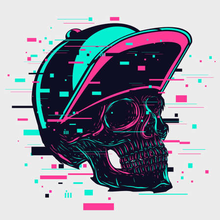 Rap head. Glitch style vector illustration. Hip-Hop music emblem. Virtual avatar print.のイラスト素材
