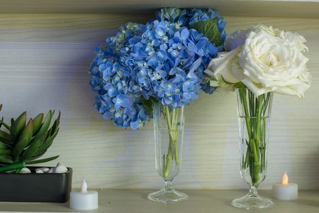 Decorate with blue  hydrangea  white roseの写真素材