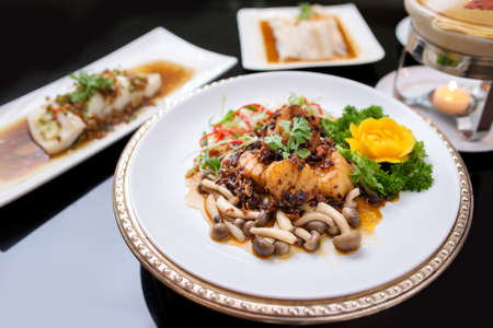 Hong Kong stir fried Scallops with mushroom  in chili xo sauce - chinese restaurandの写真素材