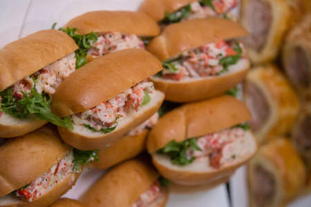 Full stuff long bun burger on catering serviceの写真素材