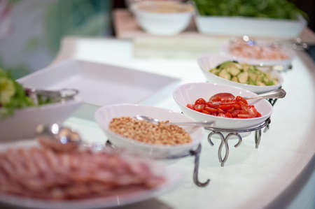 Selection of salads at a buffet bar in hotel restaurant