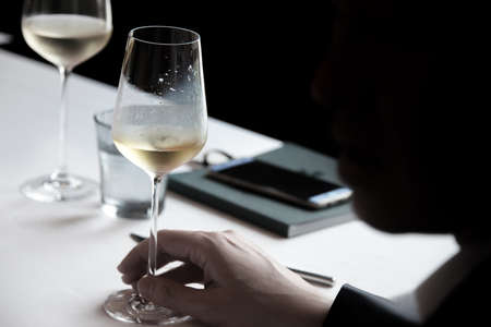 Shadow of business man negotiating during the meal with his white wineの写真素材