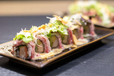 Japanese beef roll makiの写真素材