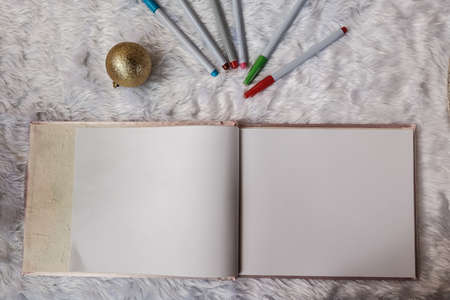 Top view of blank paper with pens color on clear white rug