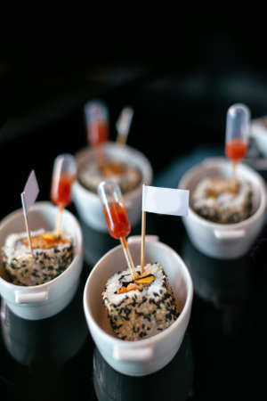 assorted of delicious canepes on trayの写真素材