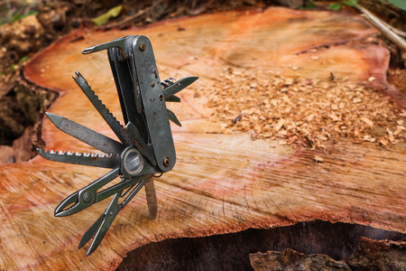 Multifunction knife stuck on the tree stump.の写真素材