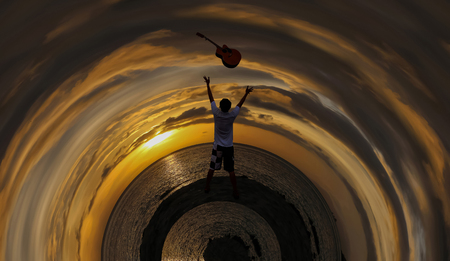 Men throwing the guitar with a red sky sunrise background, Circle design image.