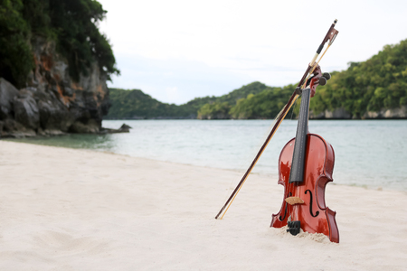 The violin on the white sandy beach by the sea in Thailand.の写真素材