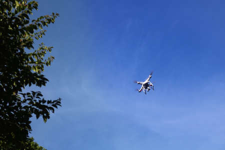 Drones camera with branches and treetops with the blue sky background.の写真素材