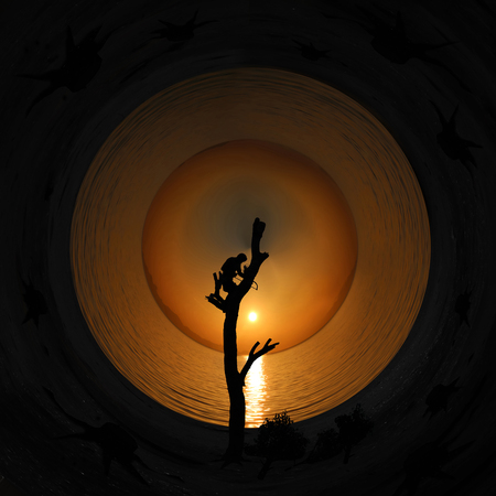 Climber is cutting the last tree with sunset and ocean views circle image background conceptの写真素材