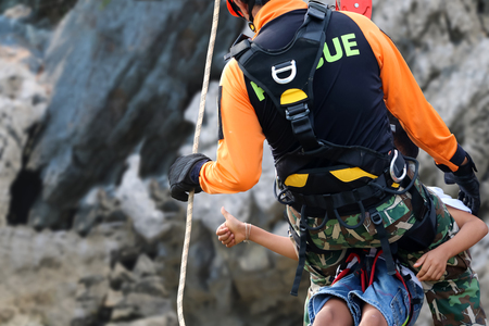 Rescue training rock climbing and abseiling to help victims in Thailand.の写真素材