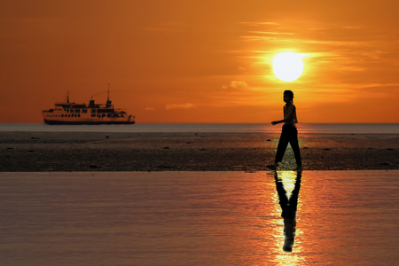 Silhouette of single Asian girl enjoying herself during sunset on the beach red sky background.の写真素材